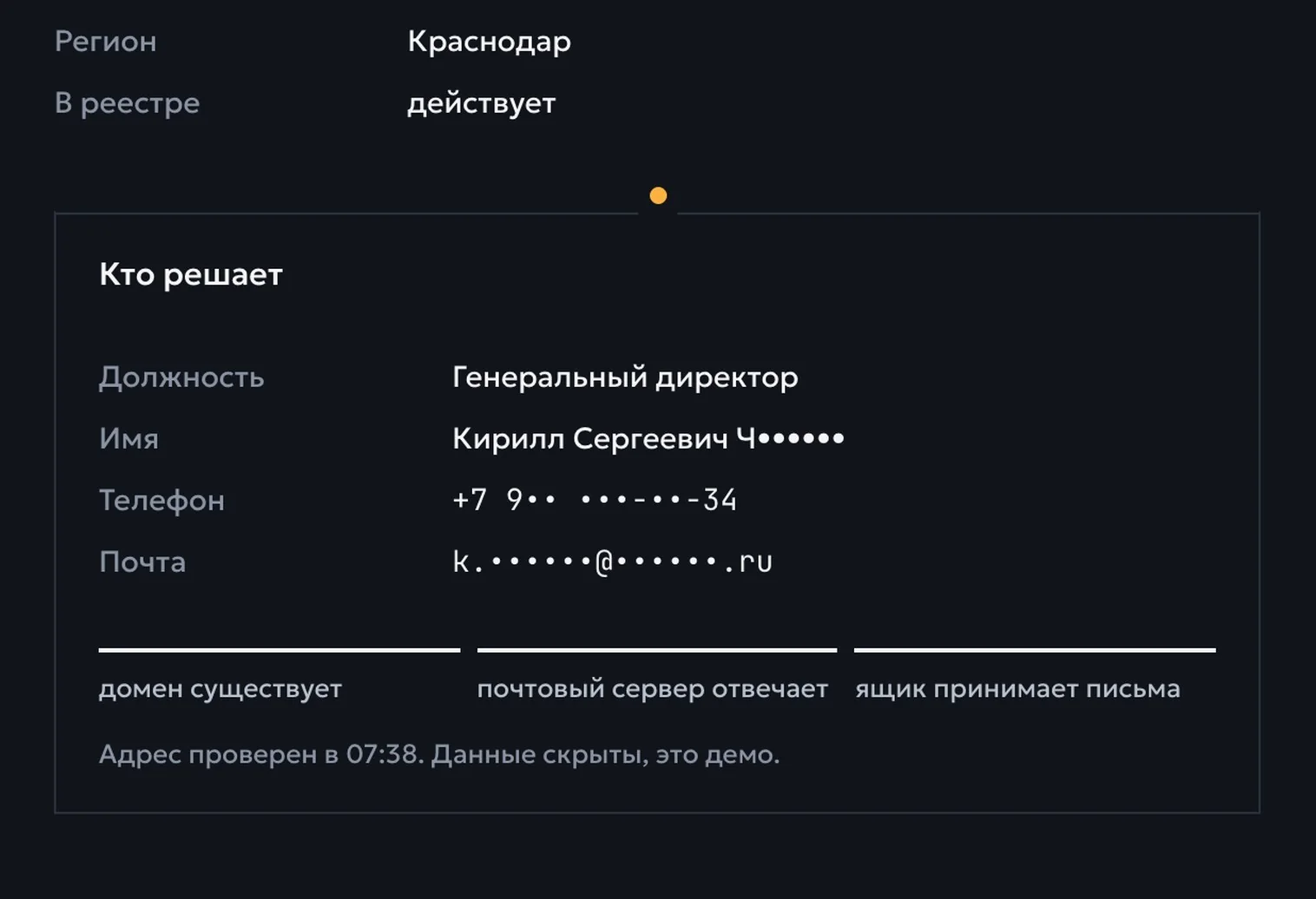Блок «Кто решает» в демо-панели: должность, имя, телефон и почта с проверкой адреса